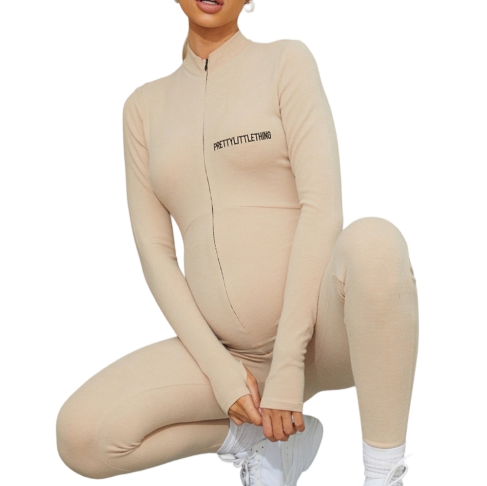 PrettyLittleThing Maternity Ribbed Zip Front Long Sleeve Jumpsuit Beige US 10 - Picture 6 of 12